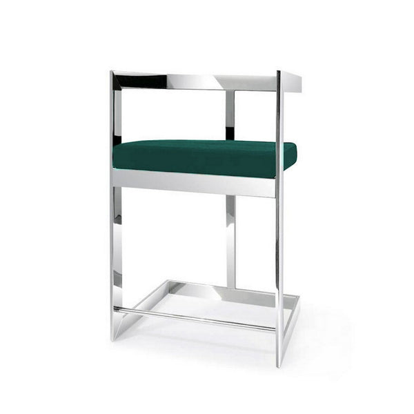 Pio 30 Inch Barstool Chair, Green Velvet Padded Seat, Chrome Metal Finish - BM312284