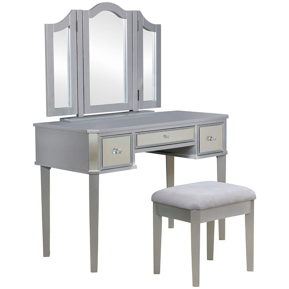 43 Inch Vanity Desk with Stool, Drawers, 3 Sided Mirrors, Silver Wood Frame - BM312288