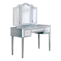 43 Inch Vanity Desk with Stool, Drawers, 3 Sided Mirrors, Silver Wood Frame - BM312288