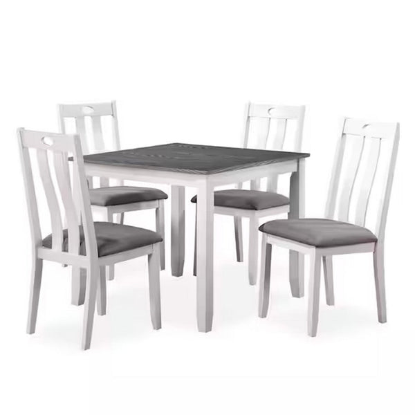 Helio 5 Piece Dining Table and Chairs Set, White Wood, Gray Fabric Seats - BM312308