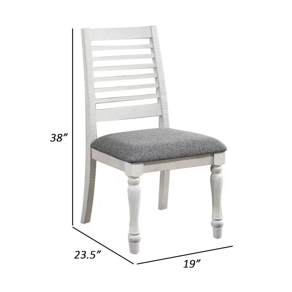 Wren 24 Inch Dining Chair Set of 2, Gray Fabric Cushion, Antique White Wood - BM312310