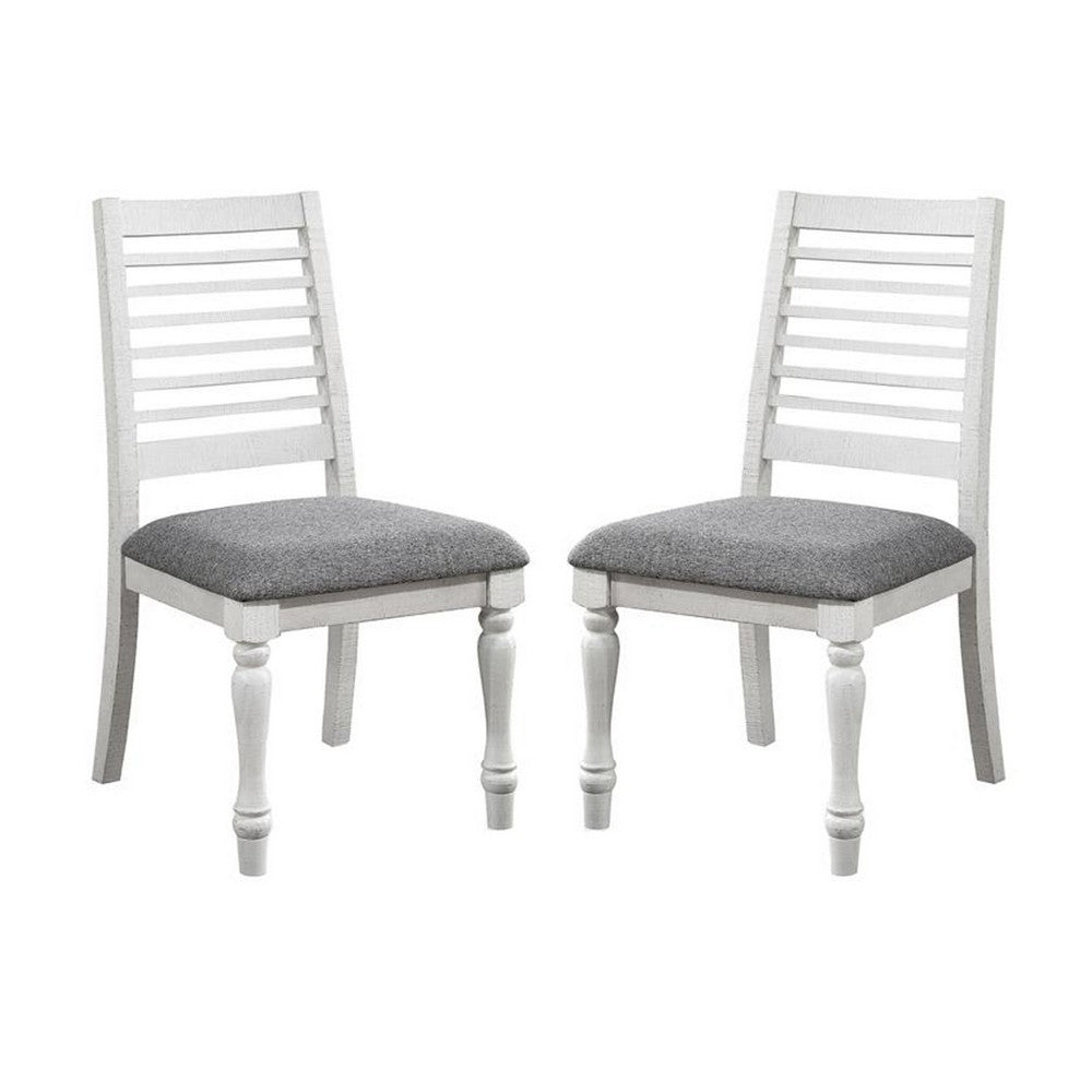 Wren 24 Inch Dining Chair Set of 2, Gray Fabric Cushion, Antique White Wood - BM312310