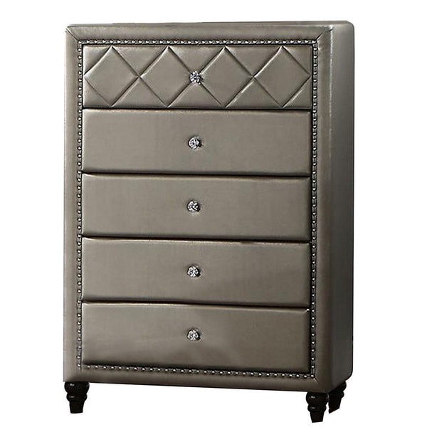 Seth 50 Inch Tall Dresser Chest, 5 Drawers, Solid Wood, Gray Faux Leather - BM312317