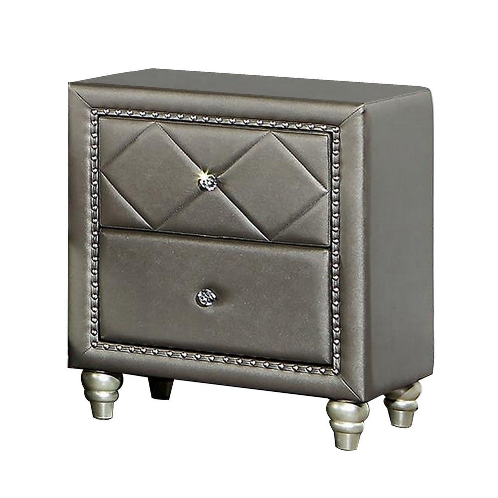 Seth 26 Inch Nightstand, 2 Drawers, Solid Wood, Tufted Gray Faux Leather - BM312320