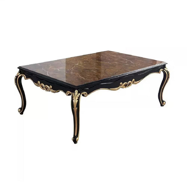Trix 48 Inch Coffee Table, Faux Stone, Carved Scrollwork, Black and Gold - BM312322