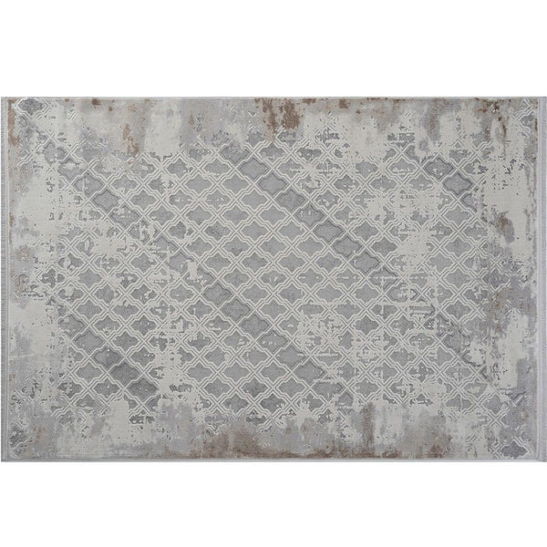 Trix 8 x 10 Large Area Rug, Distressed Lattice Motif, Taupe Gray Cotton - BM312331