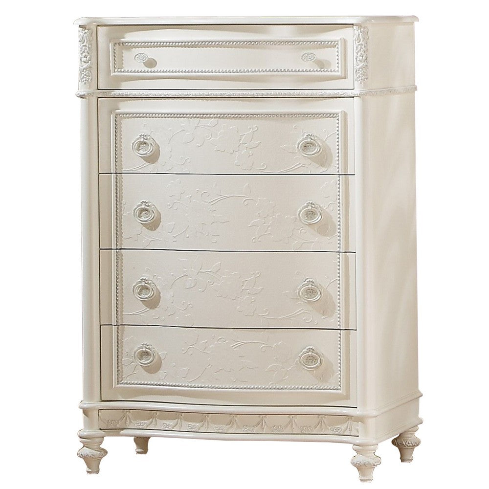 Dorie 52 Inch Tall Dresser Chest, 5 Drawers, Molded Trim, Ivory White Wood - BM312367