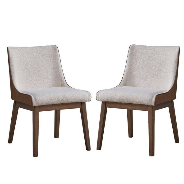 25 Inch Side Dining Chair Set of 2, Wingback, White Boucle, Walnut Brown - BM312370