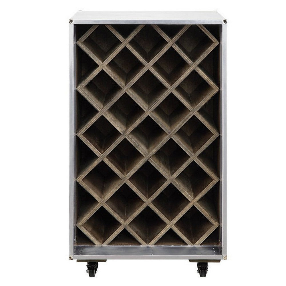 35 Inch Wine Cabinet, Nailhead Trim, Caster Wheels, Silver Aluminium Finish - BM312406