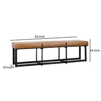 Windy 62 Inch Narrow Accent Bench, Brown Top Grain Leather, Black Iron - BM312445