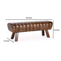 52 Inch Accent Bench, Buffalo Leather Seat, Tufted Design, Brown Mango Wood - BM312455