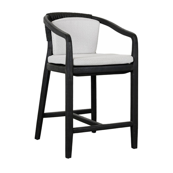 25 Inch Outdoor Counter Stool Chair, Gray Woven Olefin Fabric, Black Teak - BM312470