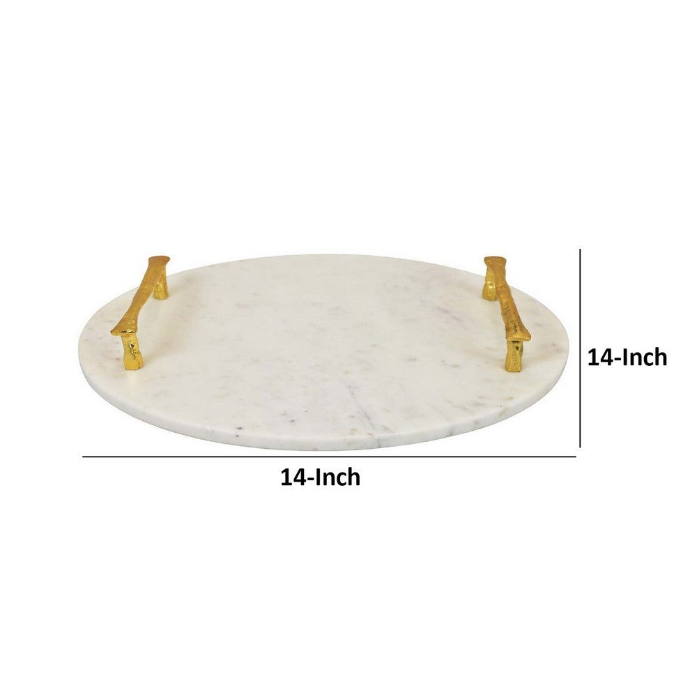 14 Inch Decorative Serving Tray, Gold Handles, Square, White Marble Finish - BM312494