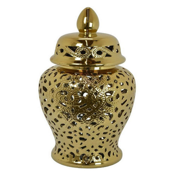 24 Inch Decorative Temple Jar, Pierced Details, Dome Lid, Gold Ceramic - BM312504