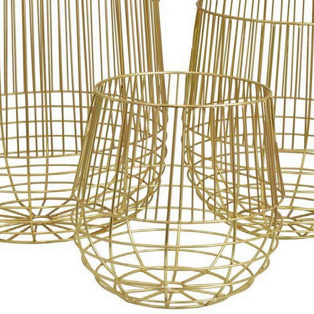 Vella Set of 3 Decorative Baskets, Open Cage Design, Gold Metal Finish - BM312505