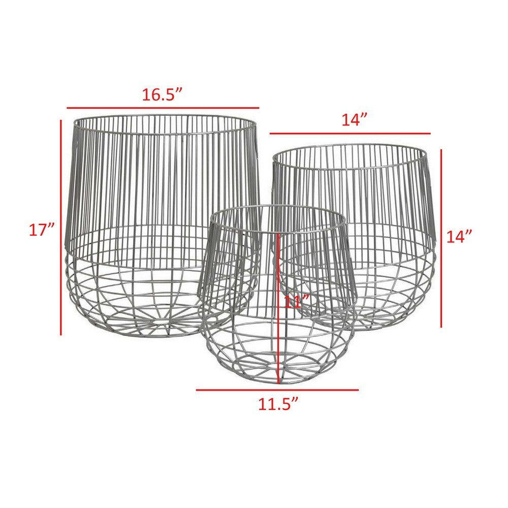 Vella Set of 3 Decorative Baskets, Open Cage Design, Silver Metal Finish - BM312506