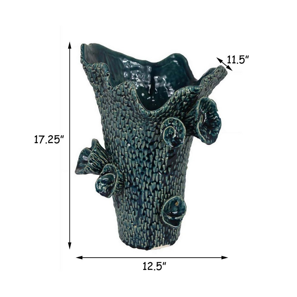 17 Inch Vase with Barnacle Design And Floral Details, Blue Ceramic Finish - BM312516