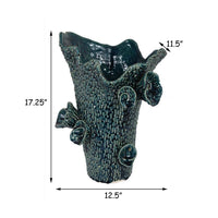 17 Inch Vase with Barnacle Design And Floral Details, Blue Ceramic Finish - BM312516