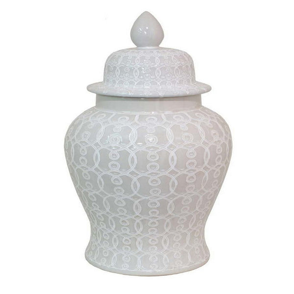 25 Inch Pierced Temple Jar, Carved Out Details, Dome Lid, White Ceramic - BM312523