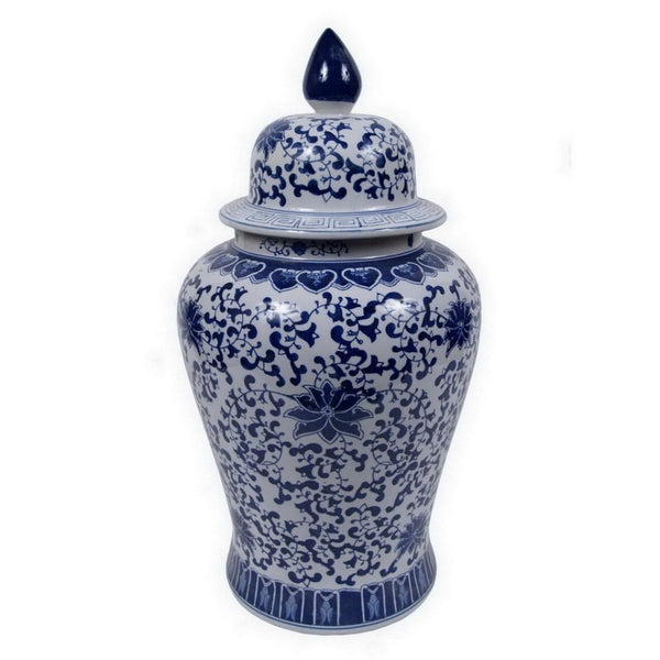 25 Inch Decorative Temple Jar with Floral Design, Ceramic, Blue and White - BM312539