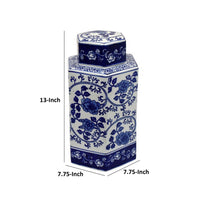 13 Inch Ceramic Ginger Jar with Lid, Intricate Floral Blue and White - BM312603