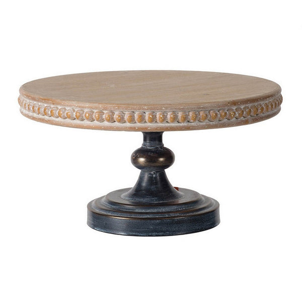 Marrie 14 Inch Round Decorative Tray, Black Iron Padestal Base, Wood Top - BM312615