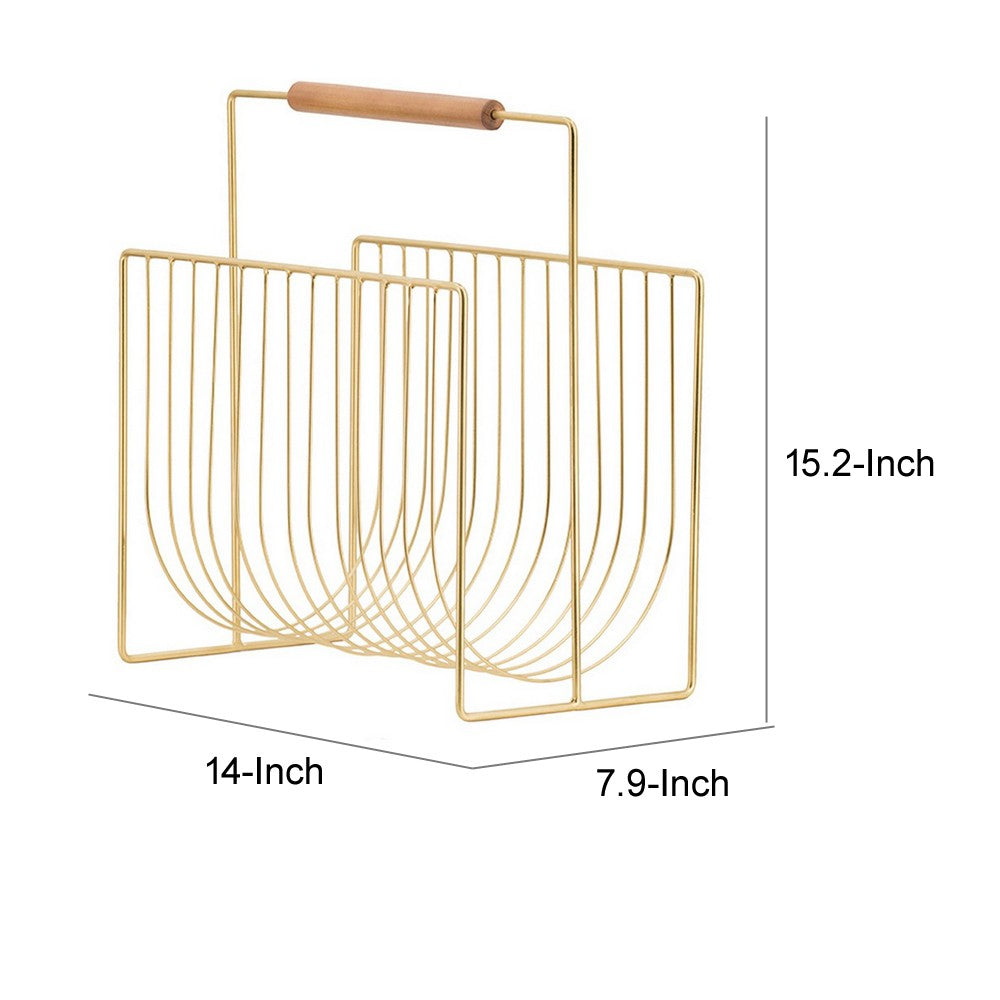 Raina 15 Inch Decorative Magazine Rack, Curved Stack, Gold Finished Iron - BM312616