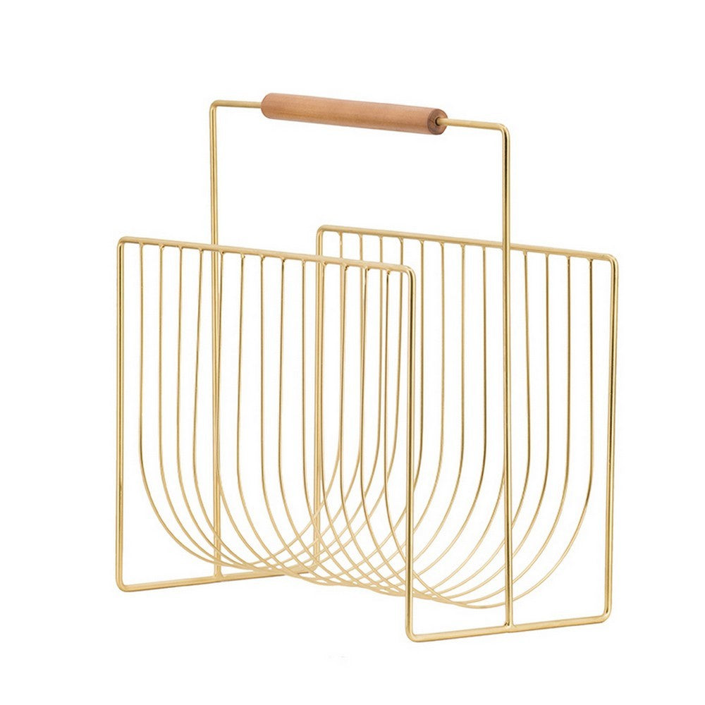 Raina 15 Inch Decorative Magazine Rack, Curved Stack, Gold Finished Iron - BM312616