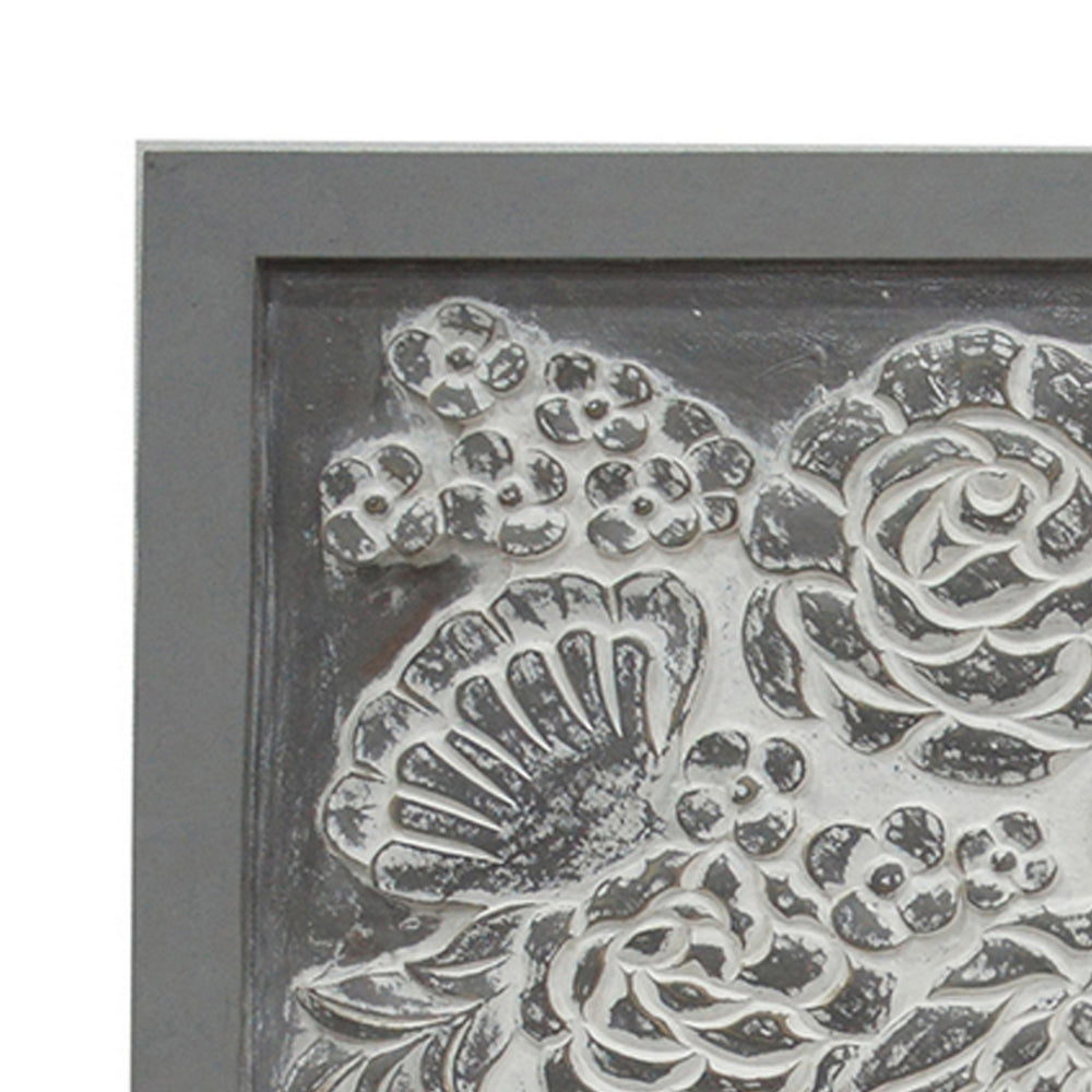 36x36 Inch Wall Art Panel, Carved Flower Vase Design, Gray White Wood - BM312765