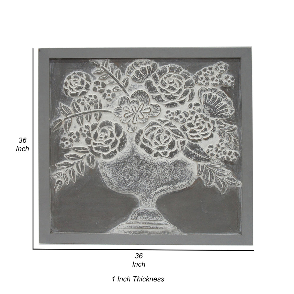 36x36 Inch Wall Art Panel, Carved Flower Vase Design, Gray White Wood - BM312765