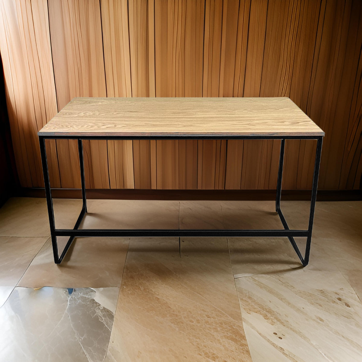 Evon 47 Inch Office Desk, Natural Brown Wood Top, Open Base, Black Metal - BM313520