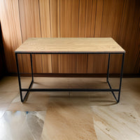 Evon 47 Inch Office Desk, Natural Brown Wood Top, Open Base, Black Metal - BM313520
