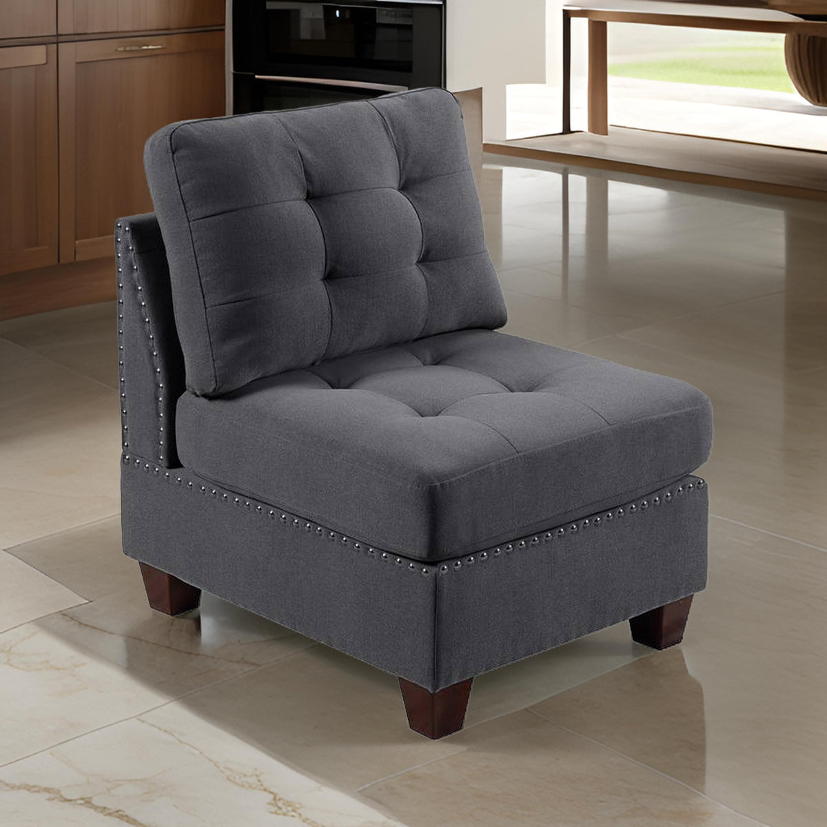 Lemy 32 Inch Modular Armless Sofa Chair, Tufted Gray Upholstery, Solid Wood - BM314390