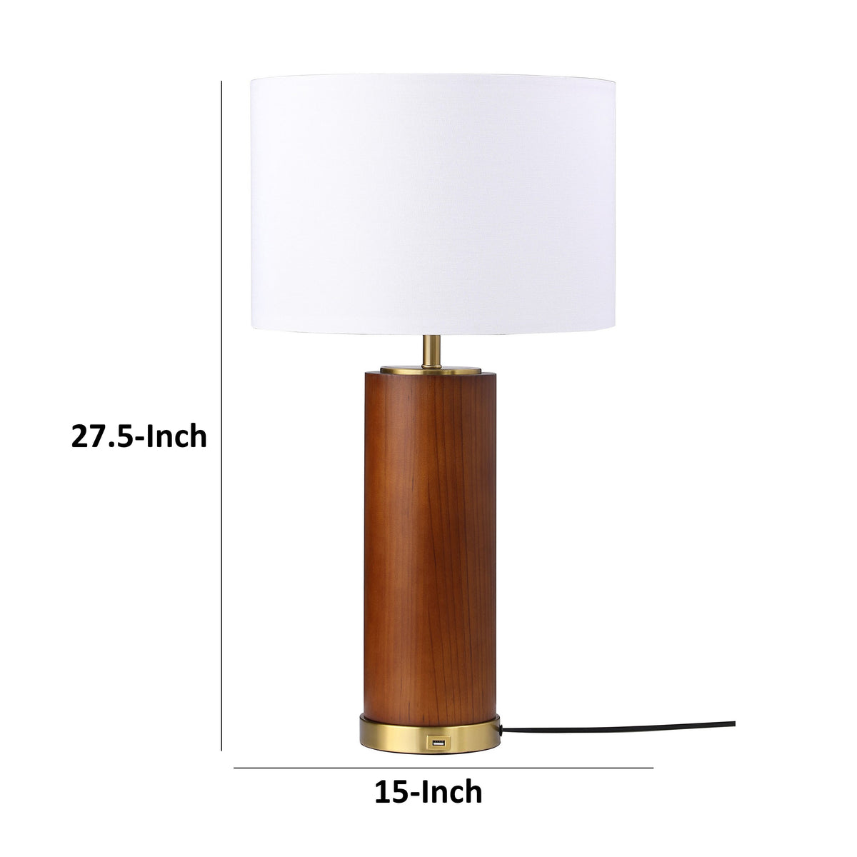 28 Inch Table Lamp, White Fabric Drum Shade, Gold Metal, Brown Bridge Base - BM315284