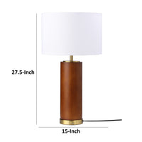 28 Inch Table Lamp, White Fabric Drum Shade, Gold Metal, Brown Bridge Base - BM315284