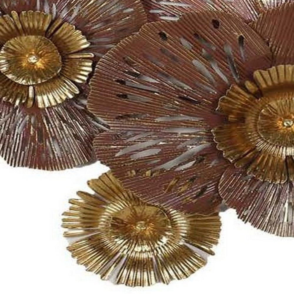 45 Inch Hanging Wall Art Decor, 3D Multiple Flowers, Metal, Brown, Gold - BM315672