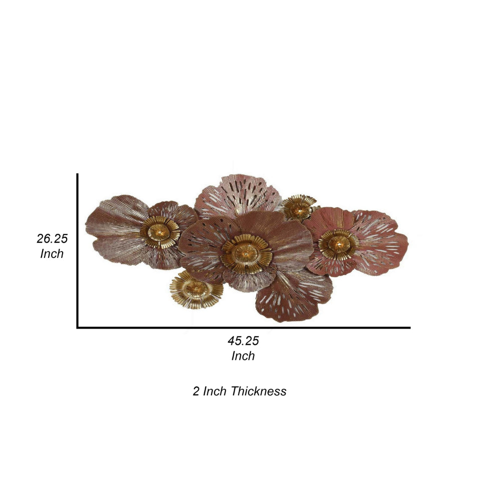 45 Inch Hanging Wall Art Decor, 3D Multiple Flowers, Metal, Brown, Gold - BM315672