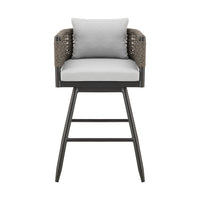 Piper 30 Inch Outdoor Swivel Barstool Chair, Rope Woven, Gray Cushions - BM315717