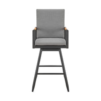 Razi 30 Inch Outdoor Swivel Barstool Chair, Black Aluminum, Gray Cushions - BM315738