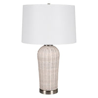 25 Inch Table Lamp, Rattan Woven, White Linen Shade, Brushed Silver Accents - BM315760