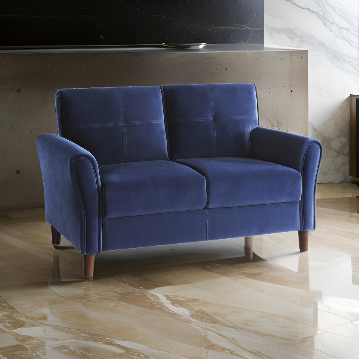 Sarah 57 Inch Loveseat, Blue Velvet, Stitch Tufting, Reversible Cushions - BM316019