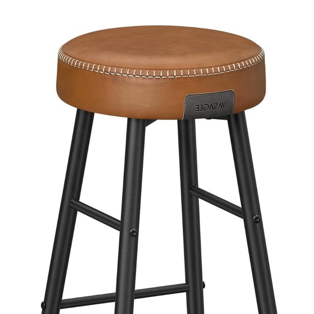 Laxy 30 Inch Barstool Set of 2, Brown Faux Leather Round Padded Seat, Black - BM316227