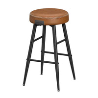 Laxy 25 Inch Counter Stool Set of 2, Brown Faux Leather Round Seat, Black - BM316228