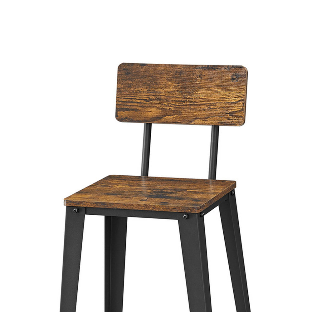 29 Inch Industrial Barstool Chair Set of 2, Panel Back, Brown, Black Steel - BM316235
