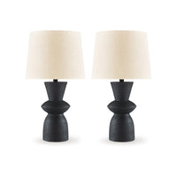 25 Inch Table Lamp Set of 2, Black Sculptural Solid Base, Drum Hardback - BM317499