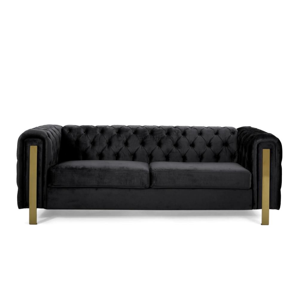 Nua Sofa, Chesterfield Tufted Black Velvet, 84 Inch, Modern Gold Legs - BM320519