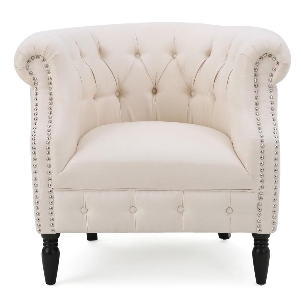 37 Inch Accent Club Chair, High Tufted Back, Studded Arms, Beige Fabric -BM320603