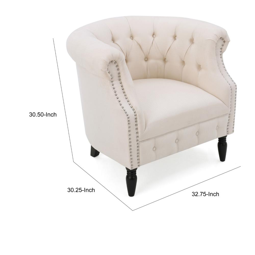 37 Inch Accent Club Chair, High Tufted Back, Studded Arms, Beige Fabric -BM320603