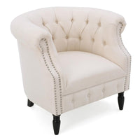 37 Inch Accent Club Chair, High Tufted Back, Studded Arms, Beige Fabric