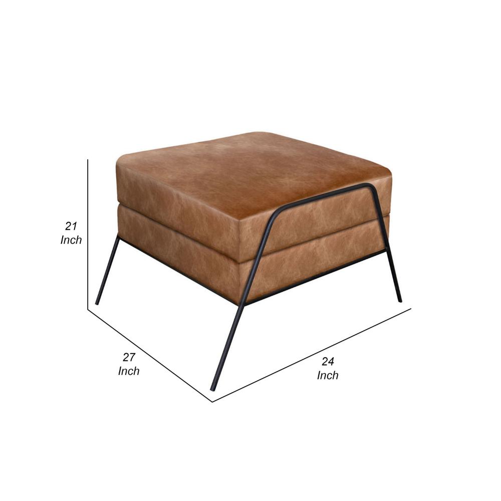 Tyna 27 Inch Ottoman, Industrial Black Iron Legs, Cognac Brown Faux Leather -BM321542